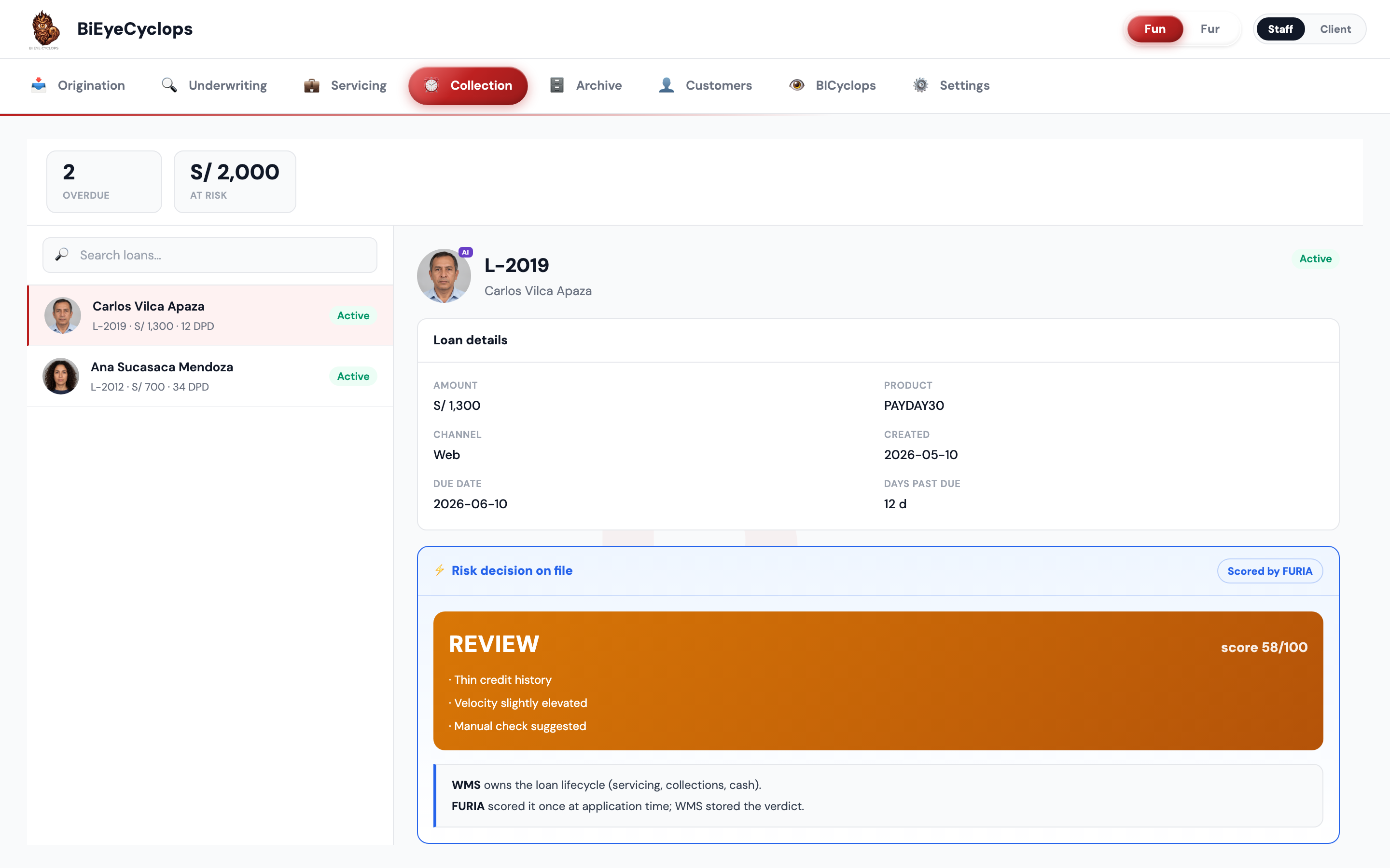Collections workspace with overdue cases